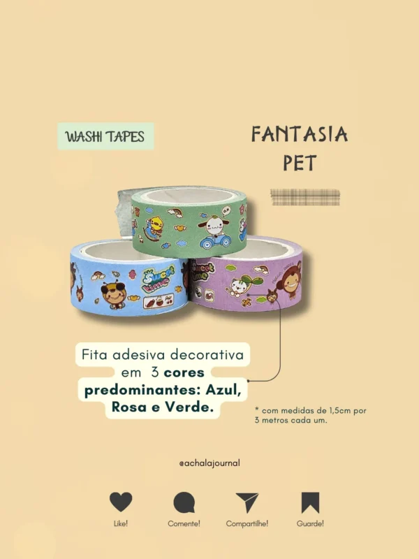Washi Tape Fantasia Kawaii Pet - Kit com 3